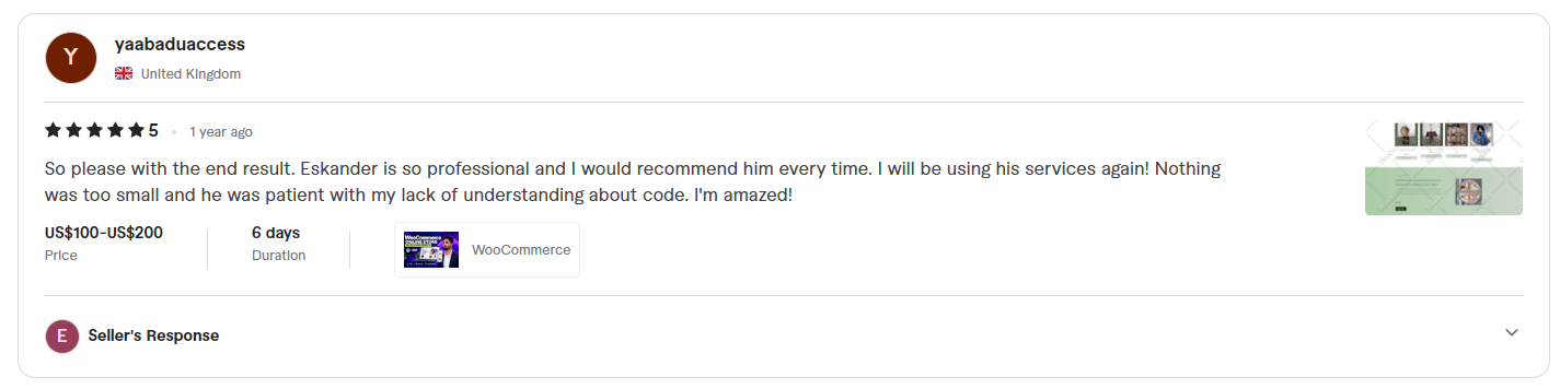 Fiverr review screenshot from yaabaduaccess